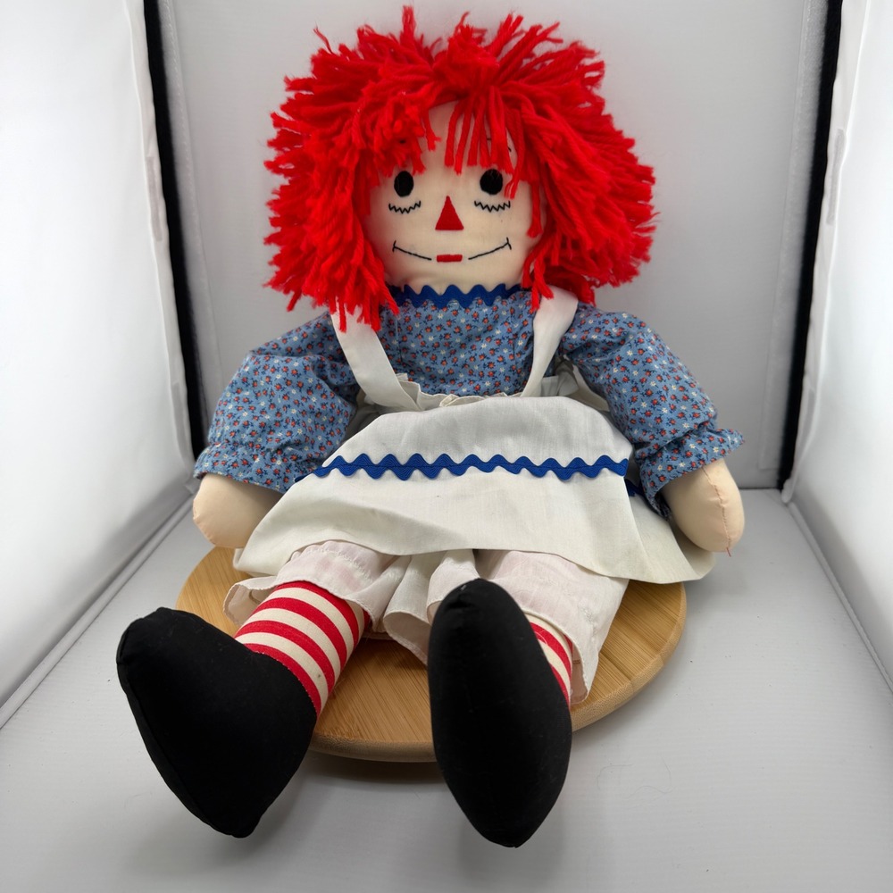 Vintage Raggedy Ann Plush Rag Doll Red Yarn Hair Blue Floral Dress White Apron